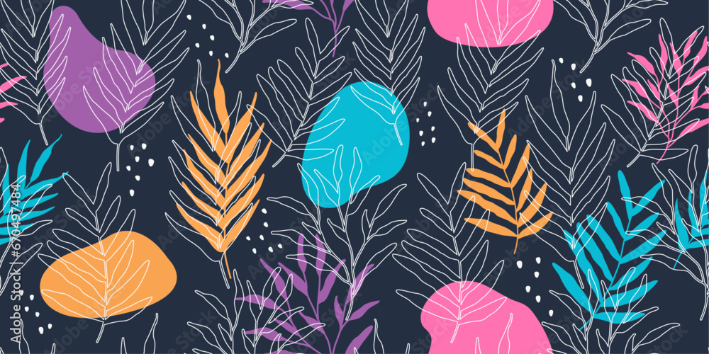 Aufkleber hand drawn summer tropical pattern with dark background. vector pattern with leaves, colored shapes 