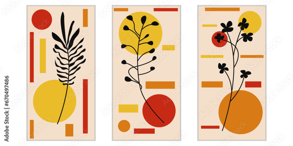 Poster set vector images of botanical posters. boho foliage line drawing. minimalistic floral design for pr