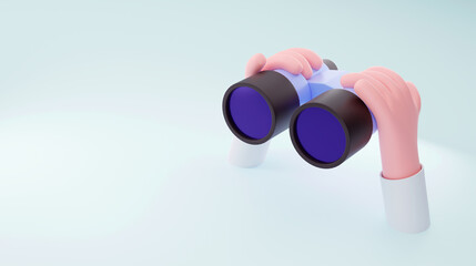 Hands hold binocular and look through them. Render illustration for search engine or research, web surfing. Trendy 3d background for website, ui or advertisment banner design.