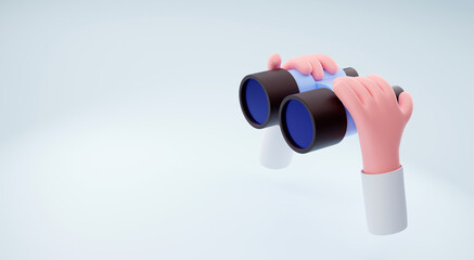 Hands hold binocular and look through them. Render illustration for search engine or research, web surfing. Trendy 3d background for website, ui or advertisment banner design.