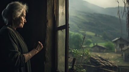 An elderly woman stands at the window