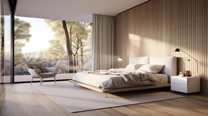 Interior of modern bedroom with wooden walls, wooden floor, comfortable king size bed and armchair. 3d rendering Generative AI
