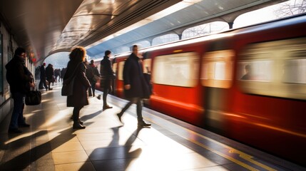 Long exposure of a London Underground station during rush hour, with passengers