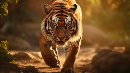 Awesome tiger male within the nature environment. Tiger walk amid the brilliant light time. Natural life scene with threat creature. Hot summer. Dry zone with excellent indian tiger,