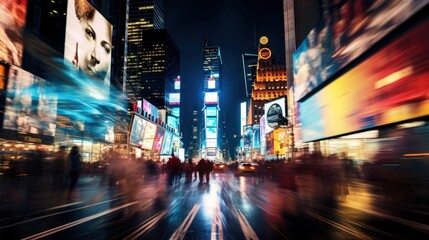 Long exposure capturing the rush of Times Square, New York, with the frenzy of people - obrazy, fototapety, plakaty
