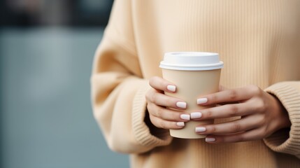 Fototapeta na wymiar Woman holding a paper cup of coffee. Closeup of female hands holding coffee cup. Generative AI
