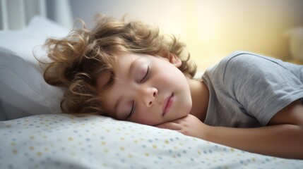 Obraz na płótnie Canvas Portrait of a cute little boy sleeping in bed at home. Generative AI