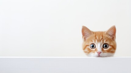 Cute red kitten peeking out from behind a white board. Generative AI