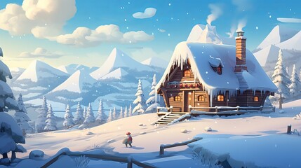 Ancient wooden house, cottage and animal dwellingplace in profound snow on mountain valley, spruce timberland, woody slopes on clear blue sky at dawn duplicate space foundation. Mountain