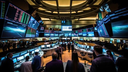 detailed view of the New York Stock Exchange interior, showcasing traders in action