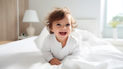 Naklejka premium happy baby girl in white pajamas on the bed at home Generative AI