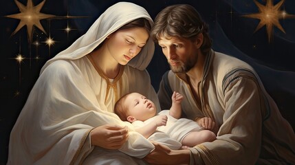 Bethlehem nativity, divine presence, Mary, Joseph, baby Jesus, Christmas joy, spiritual connection, devotion, faith. Generated by AI. - obrazy, fototapety, plakaty