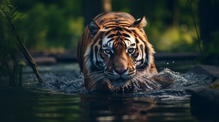 Amur tiger strolling within the water. Unsafe creature, taiga, Creature in green woodland stream. Dark stone, waterway bead. Wild cat in nature environment