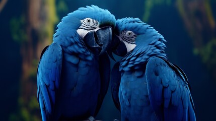Obraz premium Adoring Blue Hyacinth macaws sitting on the department. Creature adore
