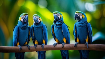 Adoring Blue Hyacinth macaws sitting on the department. Creature adore - obrazy, fototapety, plakaty