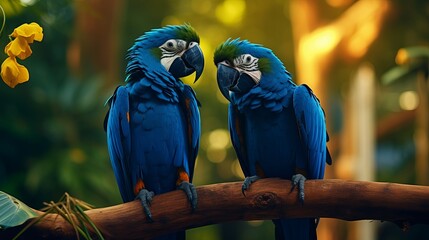 Adoring Blue Hyacinth macaws sitting on the department. Creature adore