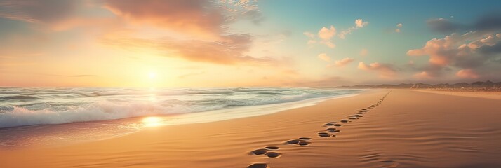 A sandy shoreline with footprints leading to the distant horizon. Coastal wonder, sandy beach, footsteps in the sand, endless seascape, beachfront serenity, seaside serenity. Generated by AI. - obrazy, fototapety, plakaty