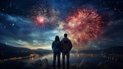 A couple watches fireworks over a cityscape on a magical night of love and celebration.Christmas or New Years celebrations, - obrazy, fototapety, plakaty