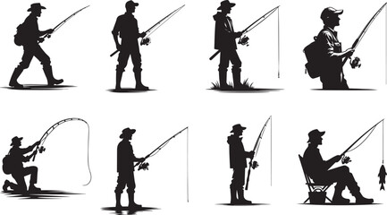 Silhouette Of Fisherman With Fishing Rod Vector - obrazy, fototapety, plakaty
