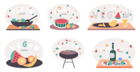 Healthy food, natural ingredients for vegetarian dish, salad. Plate with fresh vegetables, lettuce and tomato vector set. Cook at home, organic food, vegan nutrition, product preparation concept