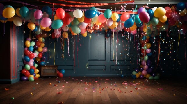 Colorful party room with balloons and streamers Make your party more fun and cheerful with this photo of a cozy room with balloons, streamers, and confetti.