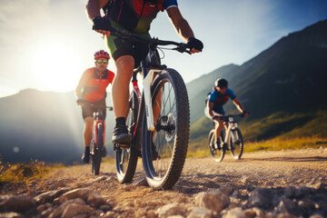 Fototapeta premium Mountain bike race outdoors at sunset. Extreme sport