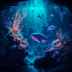 Fototapeta na wymiar vibrant and surreal underwater world teeming with bioluminescent creatures and exotic flora.