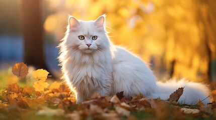Naklejka na ściany i meble Grinning white cat, multi-colored eyes, Angora breed. Sits within the foliage within the stop on an harvest time day. Creature in a sweater on the road. The pet plays in ruddy and yellow maple