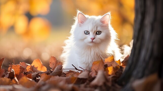 Grinning white cat, multi-colored eyes, Angora breed. Sits within the foliage within the stop on an harvest time day. Creature in a sweater on the road. The pet plays in ruddy and yellow maple