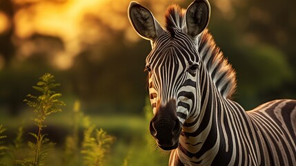 Fields zebra, Equus quagga, within the green nature environment with evening light. Dusk in savanah. Creatures with huge trees