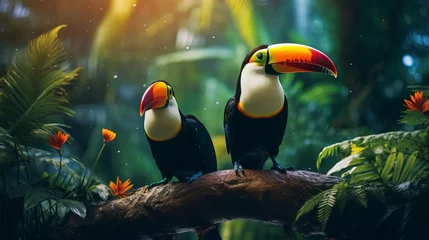 Papier Peint photo Toucan Flat pennant with two lovely colorful toucan feathered creatures (Ramphastidae) on a department in a rainforest. Couple of toucan feathered creature and takes off of tropical plants on