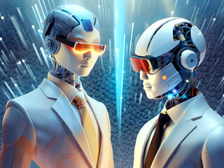テクノロジーの概念で人工知能を搭載した人型ロボットと光の背景 - obrazy, fototapety, plakaty
