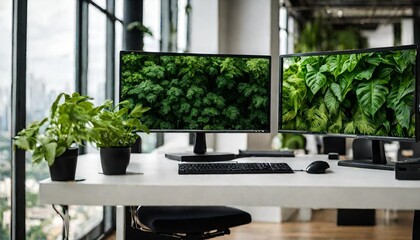workplaces with computers in a modern loft open office overgrown by jungle rainforest plants; panoramic skyline city view; conceptual green sustainable company