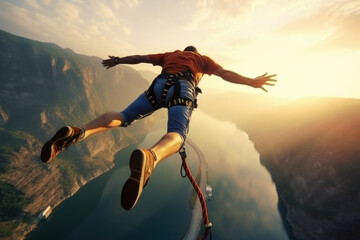 Fototapeta Man bungee jumping from the cliff. Extreme sports obraz