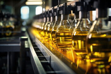 Close up a glass bottle with olive oil on production line, industry, convey, AI Generative.