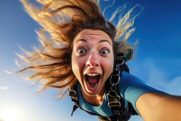 Young girl screaming loudly while bungee jumping. Extreme sports