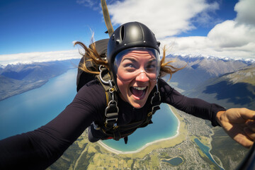 Female skydiver jumps from the aircraft. Extreme sport