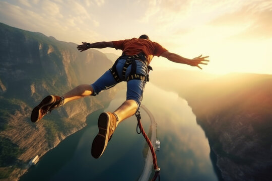 Man bungee jumping from the cliff. Extreme sports