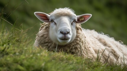 A grouchy looking white sheep chewing on grass. AI generated