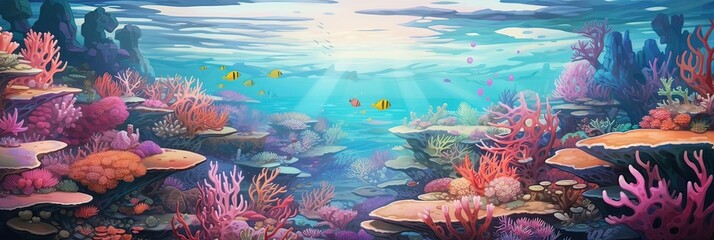 A visual feast of marine wonders and vibrant hues. Underwater scene, colorful coral reefs, alluring beauty, visual feast, marine wonders, vibrant hues. Generated by AI.