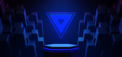 futuristic gaming esports background abstract wallpaper, cyberpunk style scifi game, stage concert scene in pedestal display room, led neon glow light, 3d illustration rendering