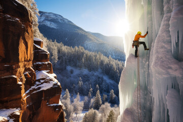 Man with climbing equipment, ice axes and rope, climbing at a frozen cliff. Extreme sports - obrazy, fototapety, plakaty