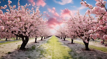Fototapeta premium Discover the beauty of blossoming apple trees in a vibrant fruit orchard. Orchards in full bloom, fragrant blossoms, springtime vibrancy, colorful display. Generated by AI.