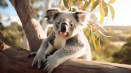 Koala resting and resting on his tree with a charming grin