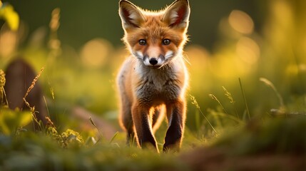 Inquisitive small offspring of ruddy fox, vulpes vulpes, gazing into the camera on the field. Sweet fox kin finding the farmland. Delightful youthful creatures being out of the gap without