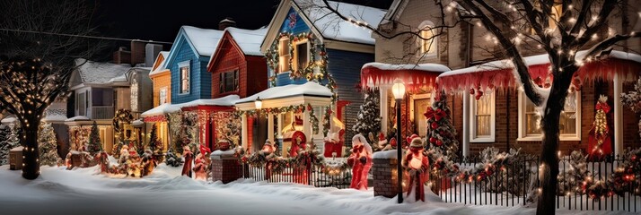 Seasonal adornments, illuminated homes, wintertime allure, festive streets, holiday wonder, Yuletide beauty. Generated by AI.