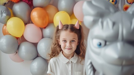 Indoor shot of small young lady with braids wearing casual clothing posturing separated over gray foundation with inflatables, holding discuss ballons creature figures, playing on party