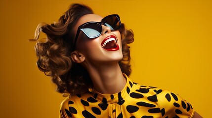In vogue cheerful grinning Dark lady wearing in vogue yellow rectangle shades, creature, tiger print shirt, posturing on green foundation. Duplicate, purge space for content - obrazy, fototapety, plakaty
