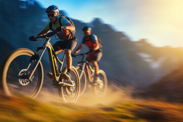 Fototapeta premium Mountain bike race outdoors at sunset. Extreme sport