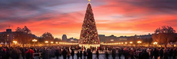 Christmas, celebration, city square, festive lights, holiday cheer, community gathering, yuletide, illumination. Generated by AI. - obrazy, fototapety, plakaty